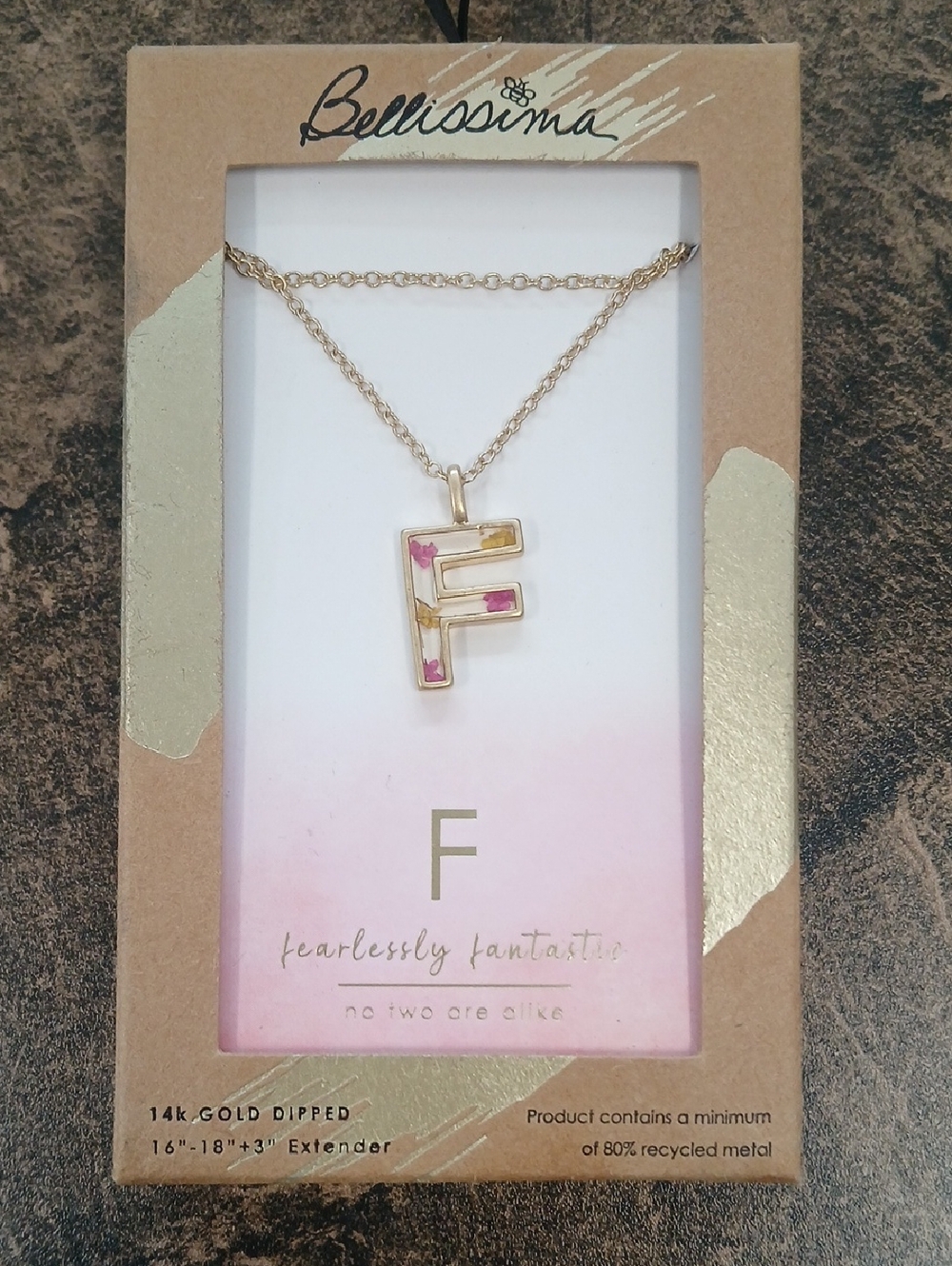 Bellissima Gold Letter F Necklace with Pink Accents